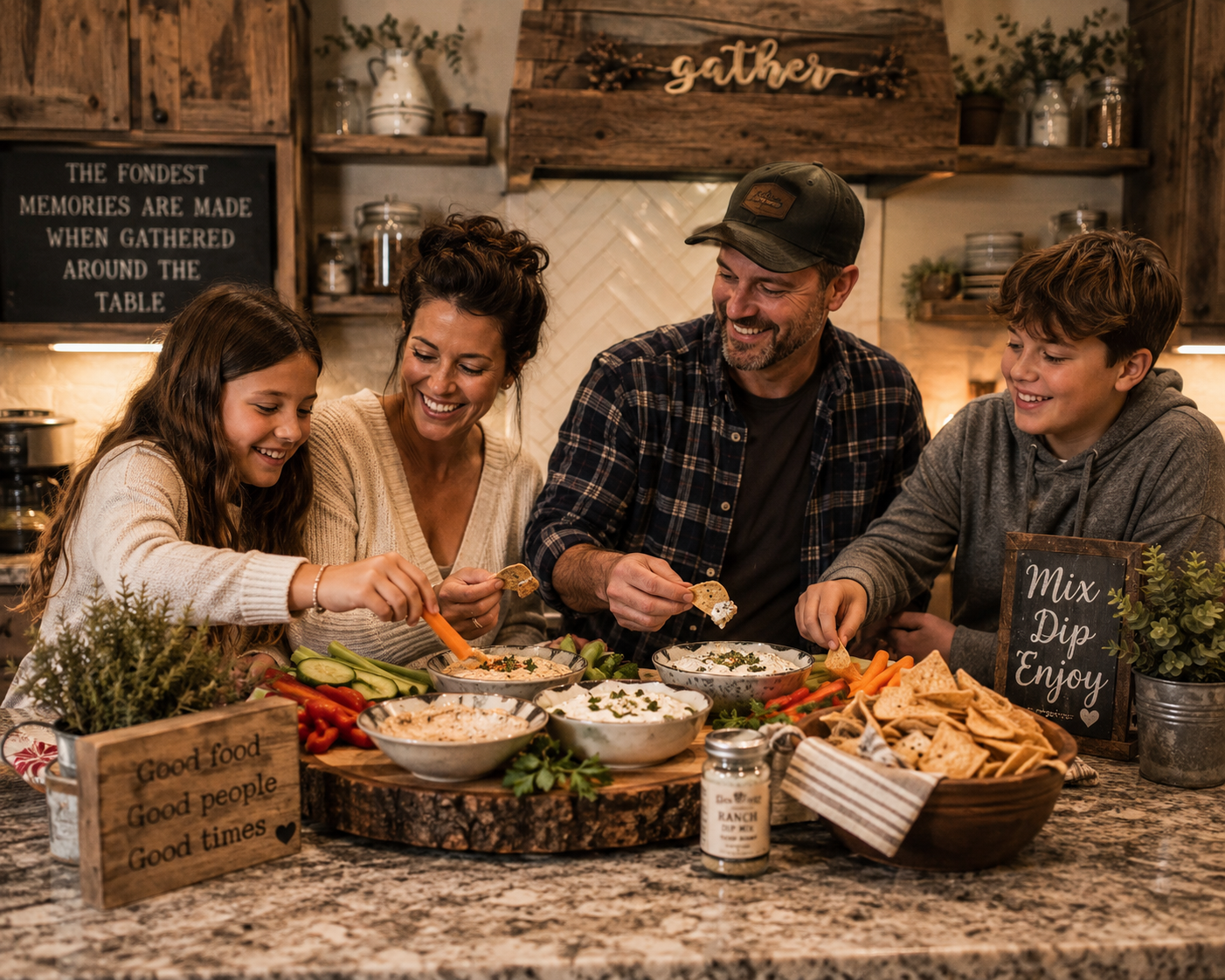 A family gathered at the kitchen island dipping crackers and veggies into bowls of dip